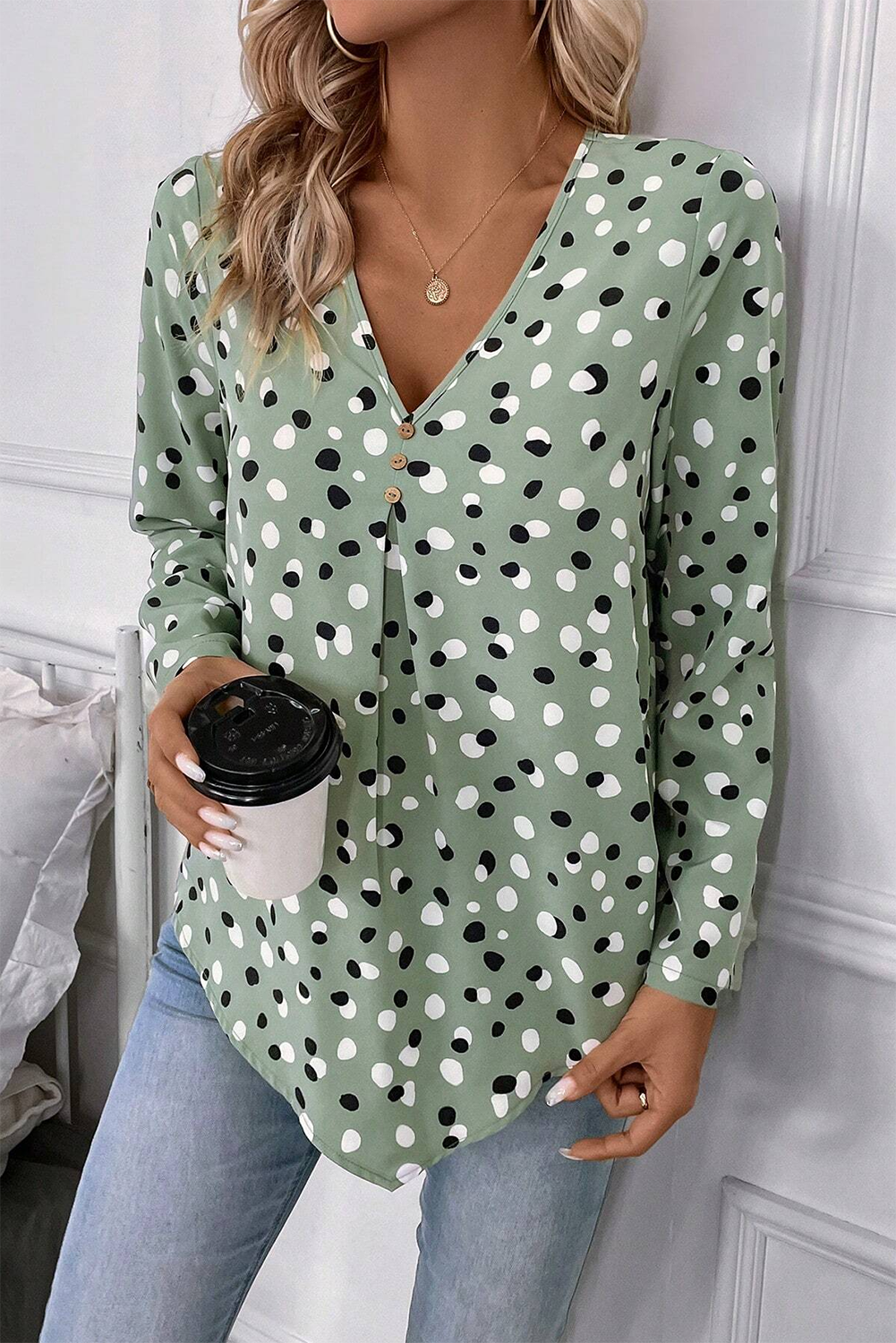 Green Dotted Print Button Front V-Neck Blouse