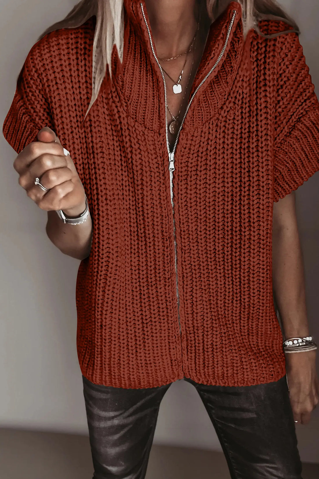 Solid Colour Short Sleeve Zipper Knit High Neck Sweater