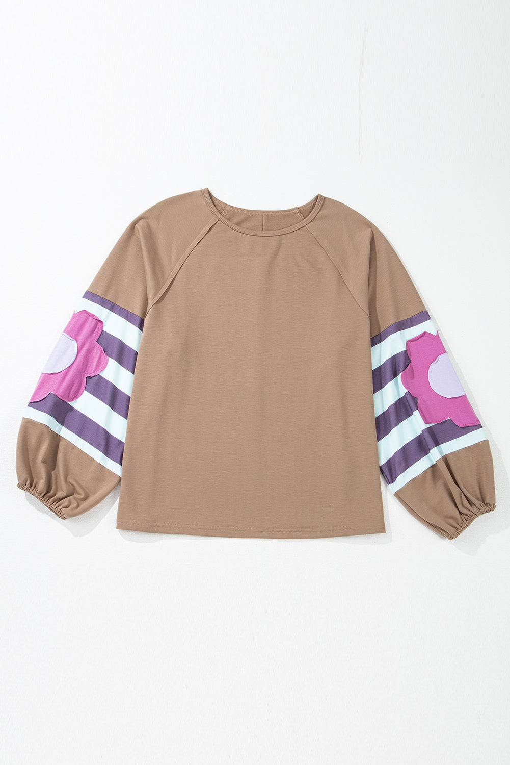 Light French Beige Flower Striped Patchwork Puff Sleeve Loose Sweatshirt BB Fashion Outlet