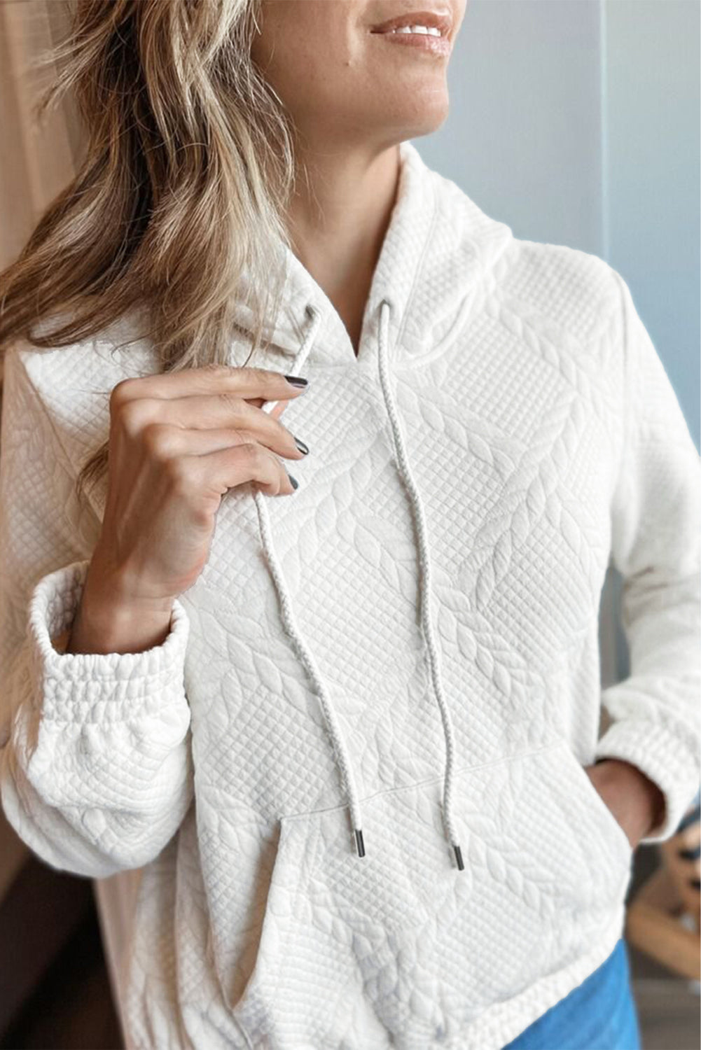 White Cable Lattice Texture Hoodie eAura