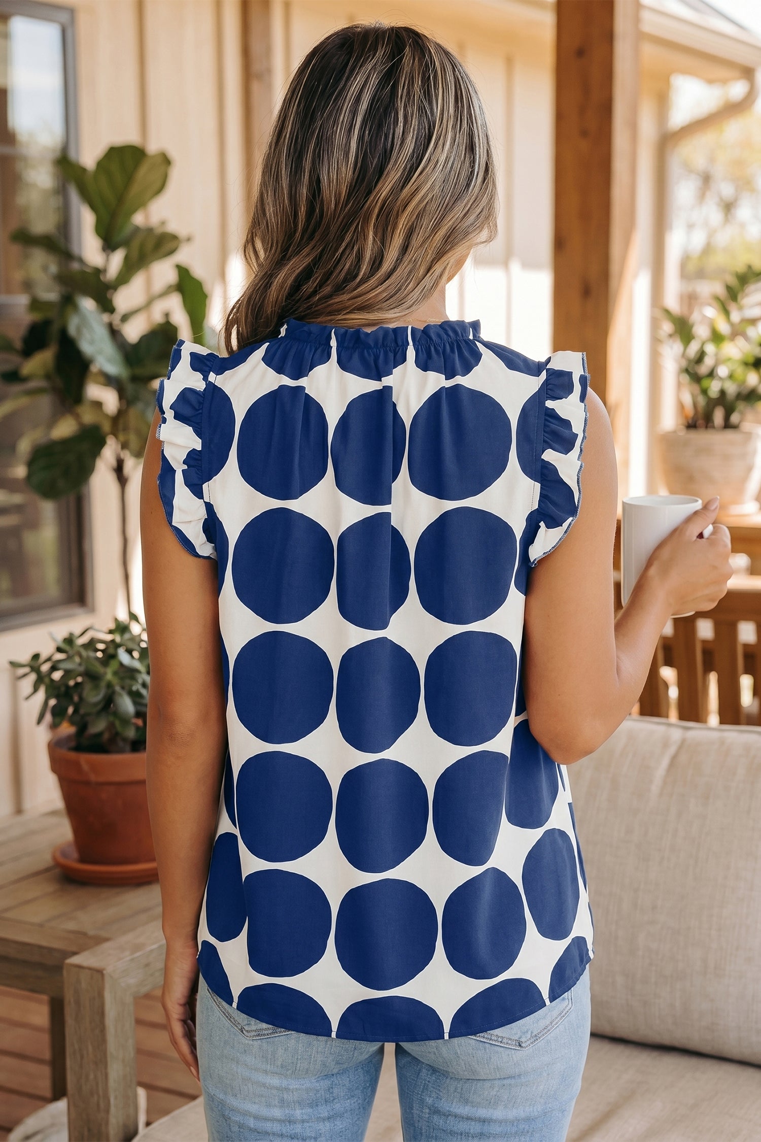 Polka Dot Print Frilled Round Neck Shift Tank Top – Yellow