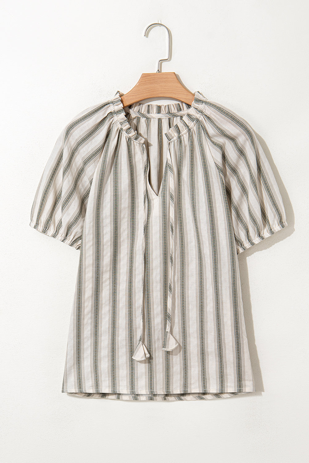 Grey Stripe Frilled Tie Neck Short Sleeve Blouse - eAura