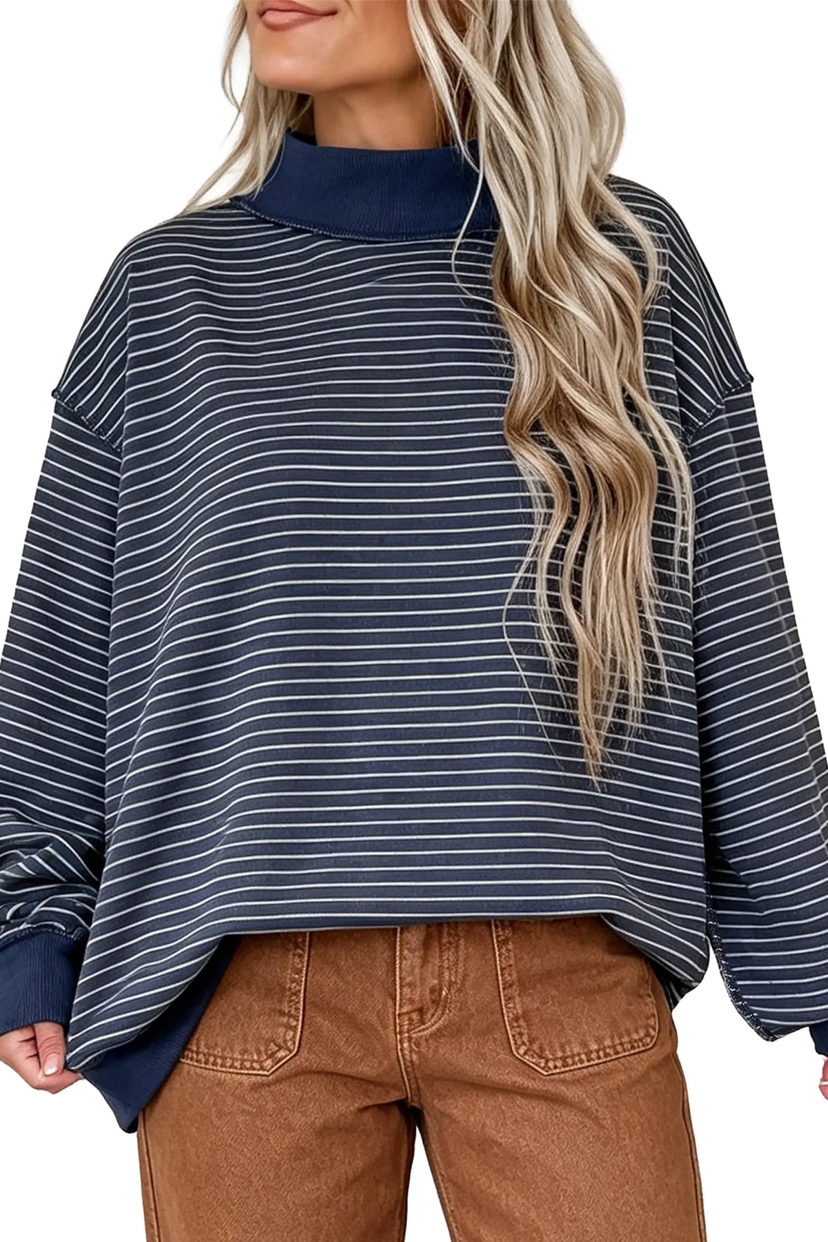 Oversized Sweatshirt with Mock Neck, Stripe Ribbed Colour Block