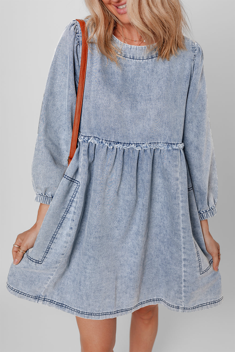 Beau Blue Light Wash High Waist Loose Fit Denim Mini Dress Beagle Boutique Fashion Outlet
