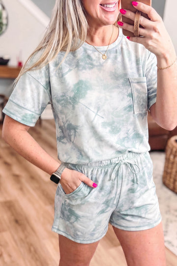 Casual Camouflage Short Sleeve Elastic Waist 2pcs Set – Green