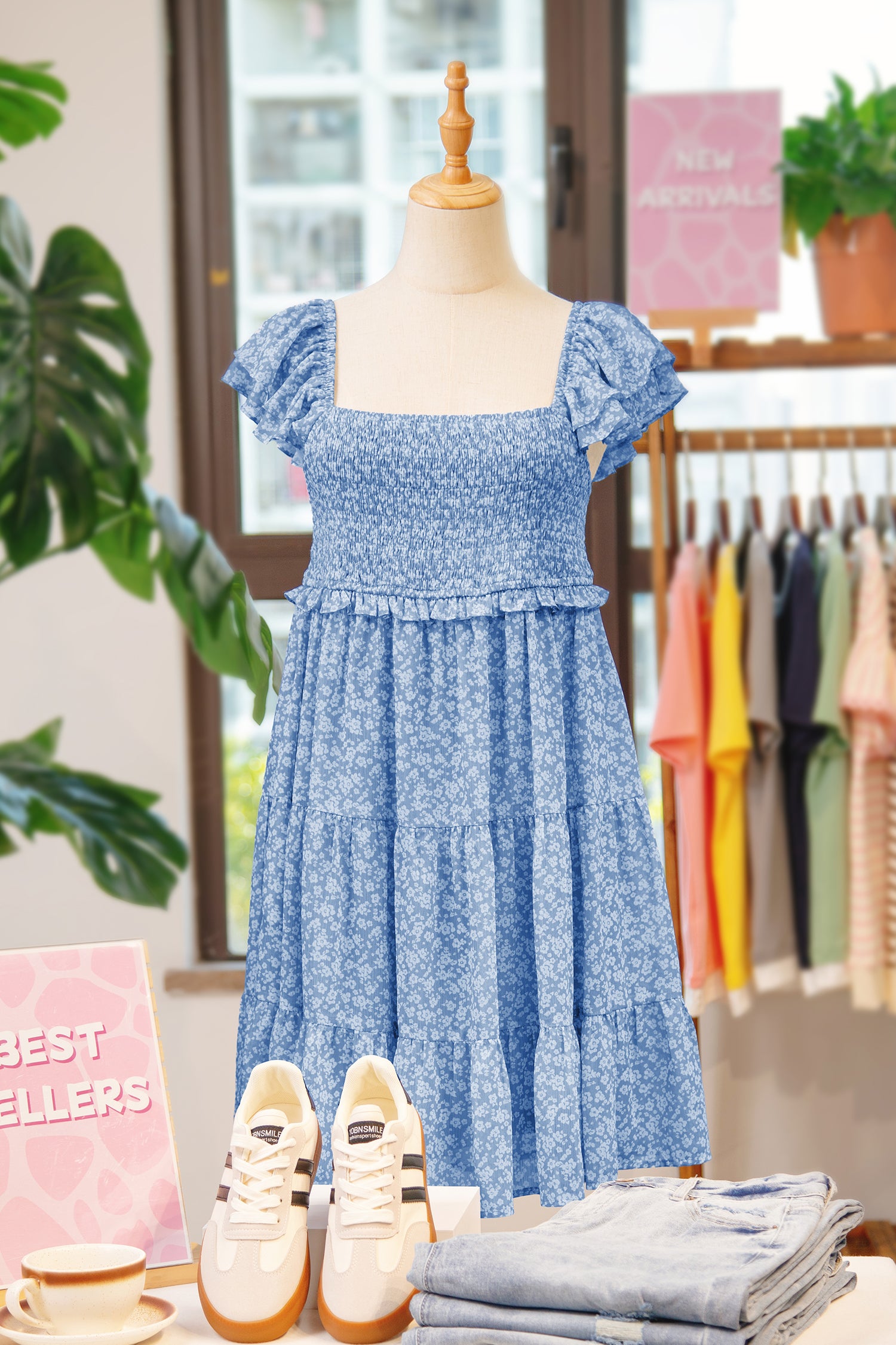 Floral Print Square Neck Flutter Sleeve Smocked Tiered Mini Dress