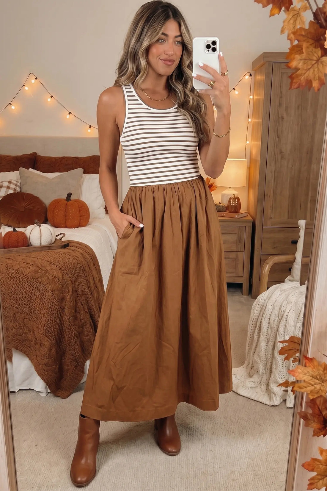 Chestnut Striped Colourblock Patchwork Sleeveless Casual Long Dress – Brown
