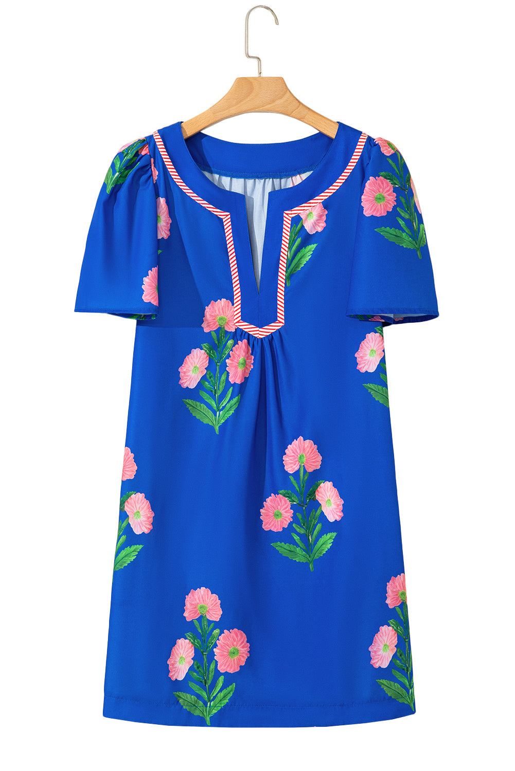 Blue Floral Short Sleeve Split Neck Loose Mini Dress eAura