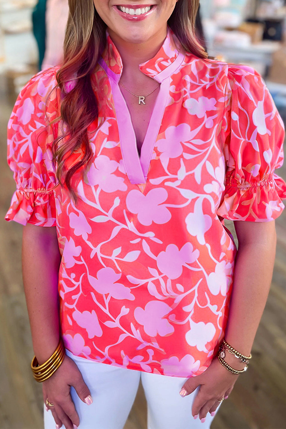 Red Floral Split V-Neck Ruffled Short Sleeve Blouse Top eAura
