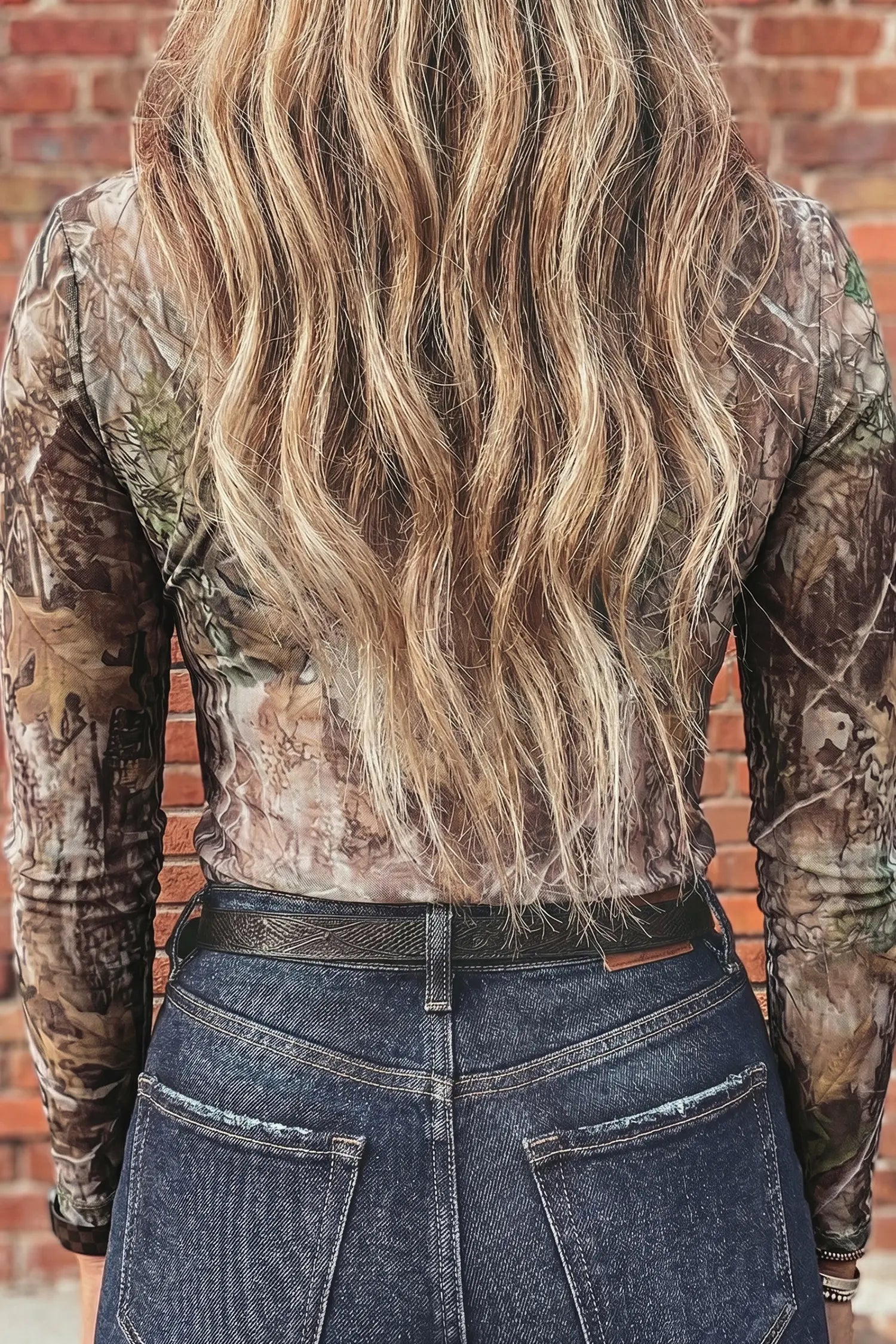 Western Print Slim Fit Mesh Mock Neck Long Sleeve Top