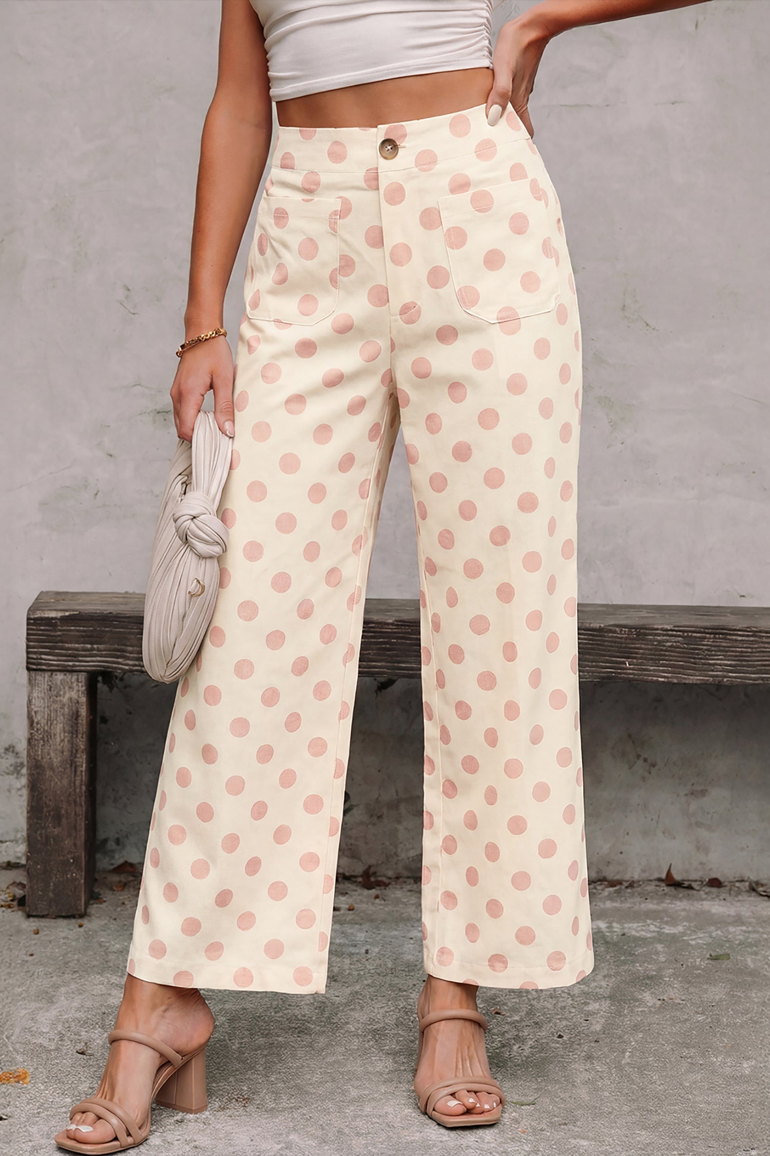Sky Blue Polka Dot Print Patched Pocket Mid-rise Straight Leg Pants – Light Blue