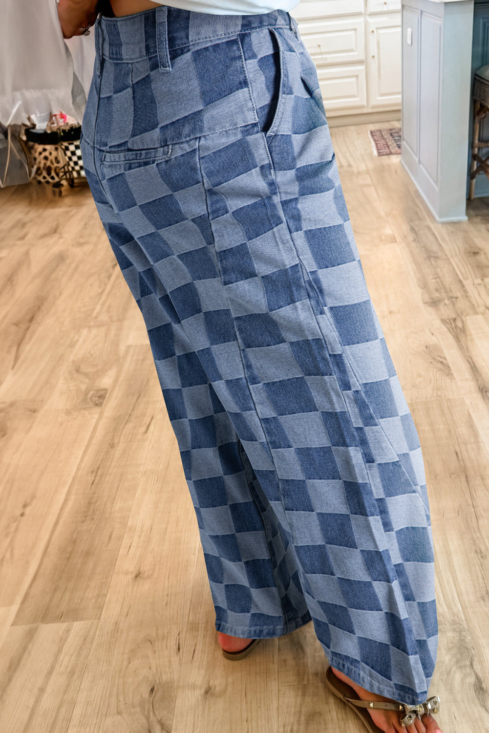 Dark Grey Checkered Denim Wide Leg Jeans eAura