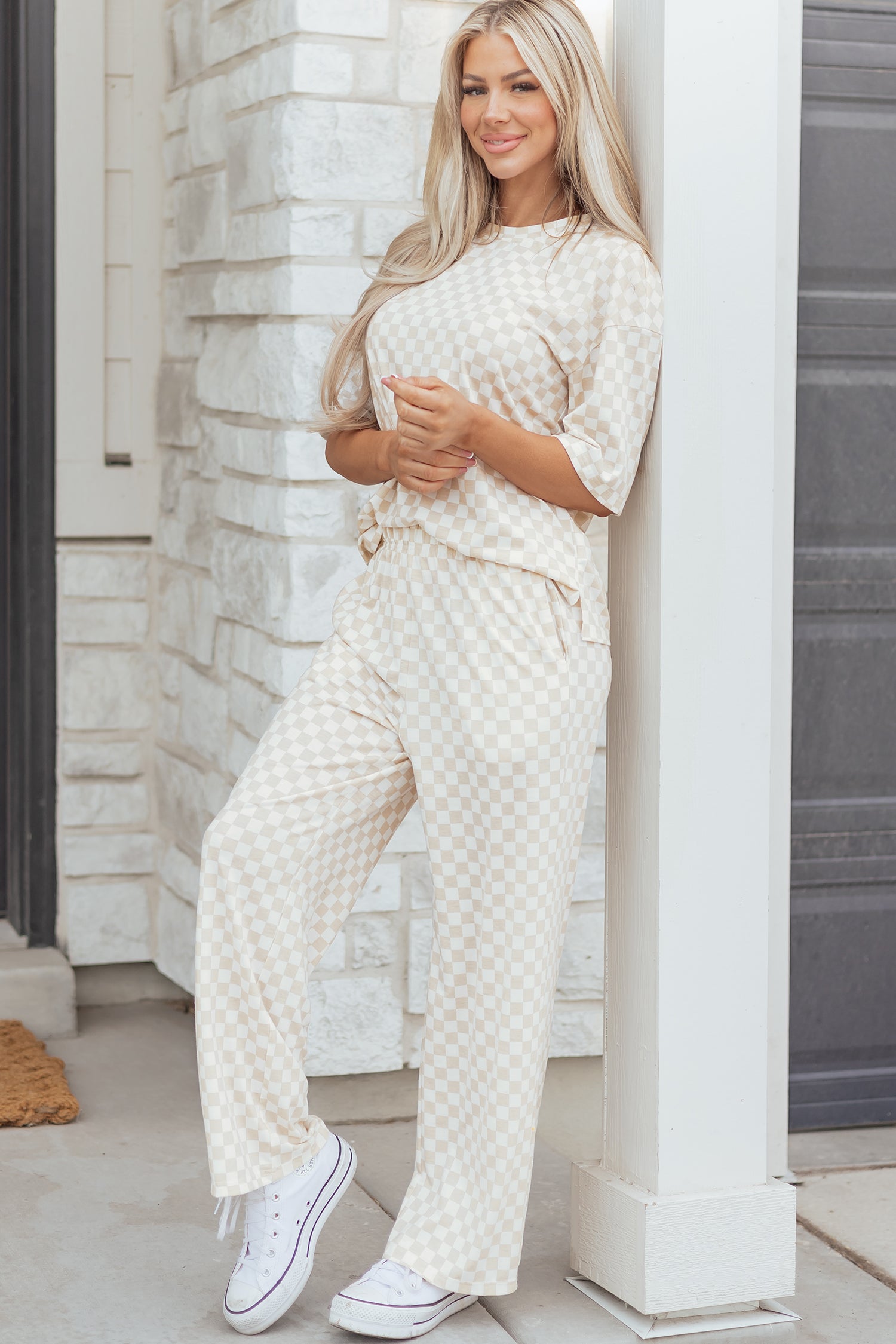 Checkered Print Half Sleeve Tee 2pcs Lounge Pant Set – Rose
