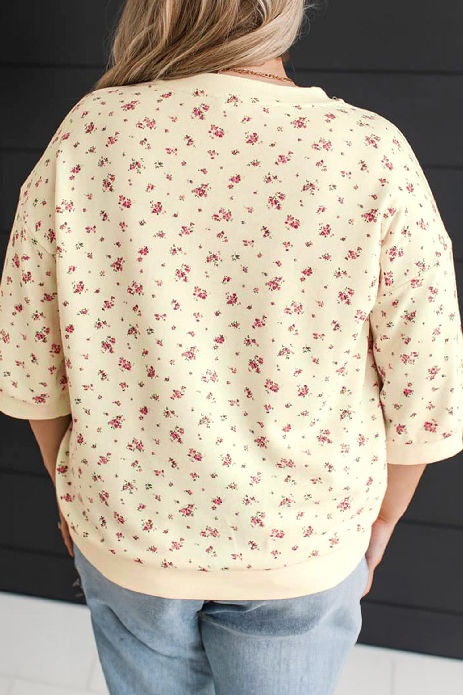 Floral Print Colorblock Cuffs Hem Plus Size Blouse – Beige