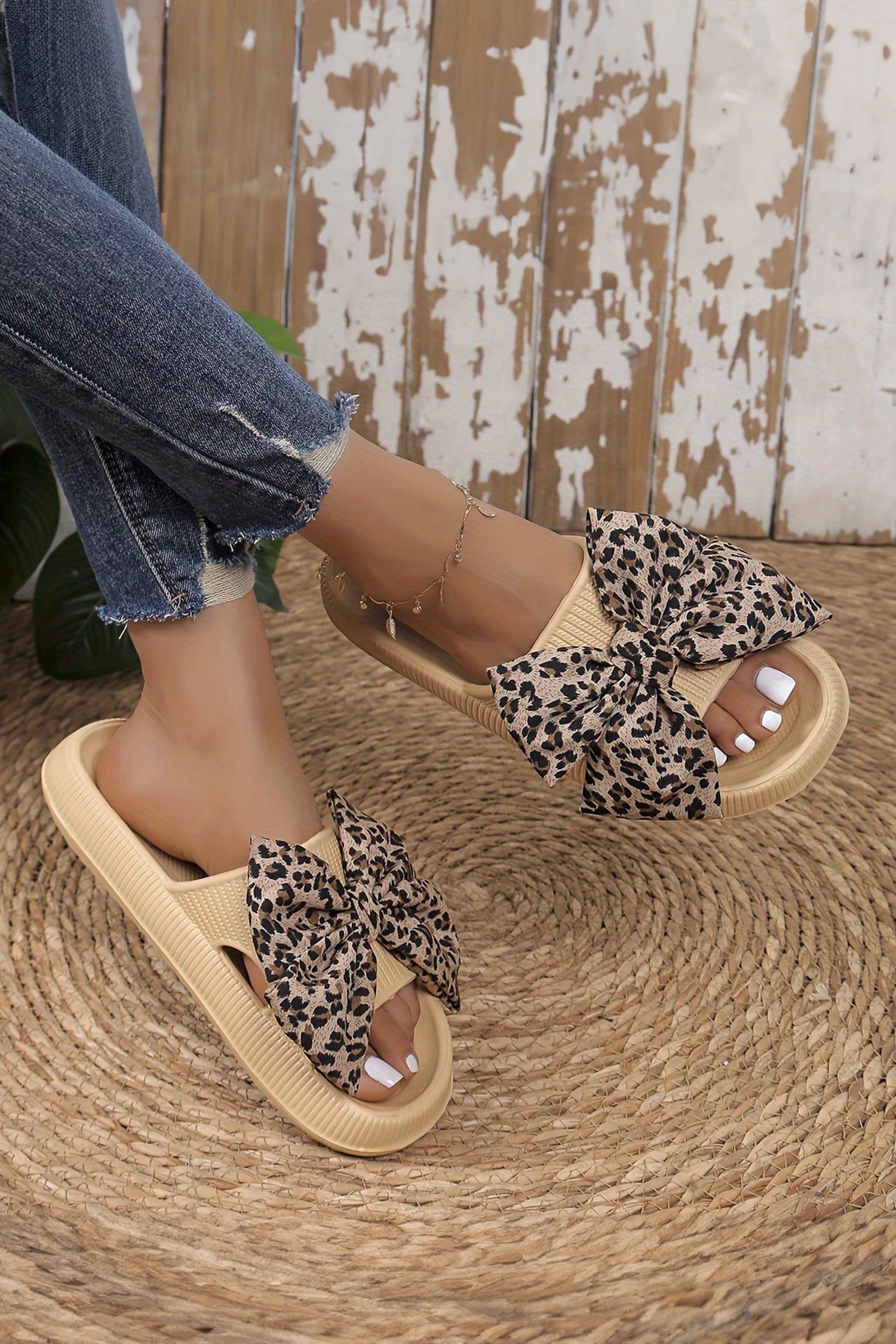 Khaki Contrast Leopard Bow Decor Comfort Sandals