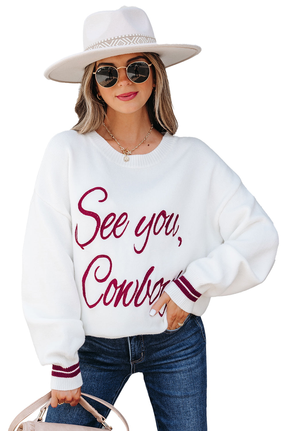 White See You Cowboy Embroidered Western Graphic Sweater eAura
