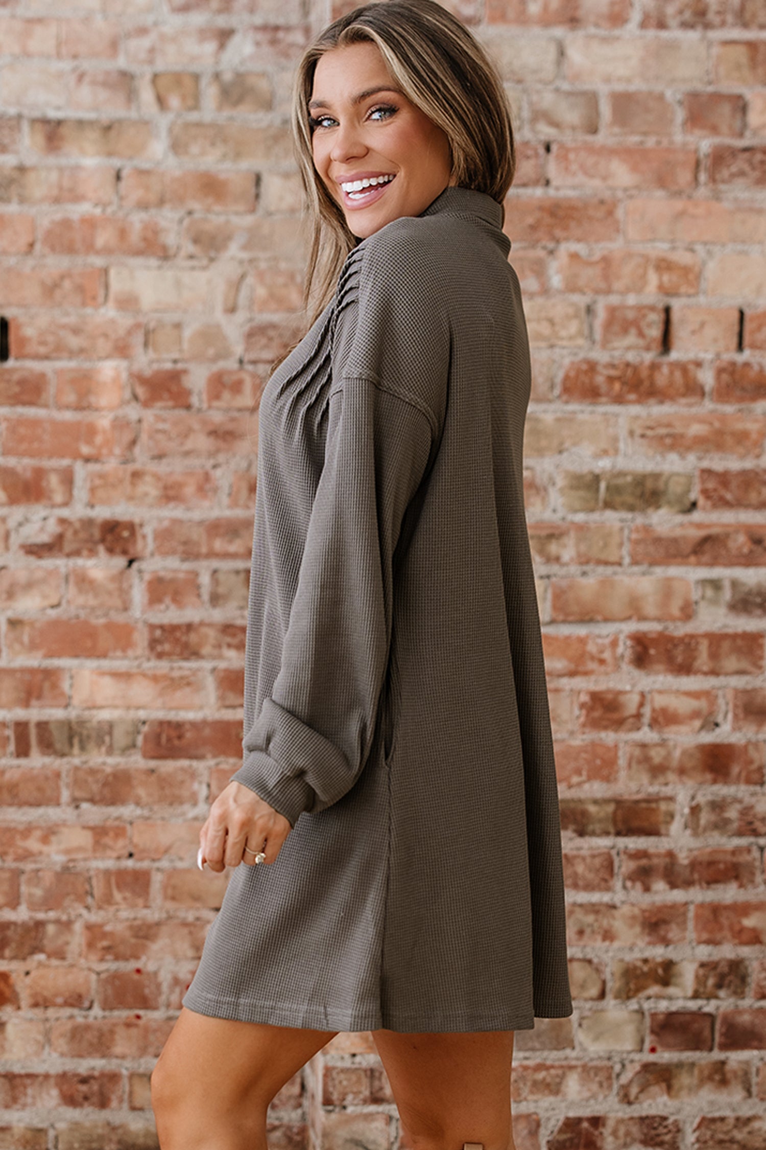 Waffle Knit Shirt Tunic Dress - eAura