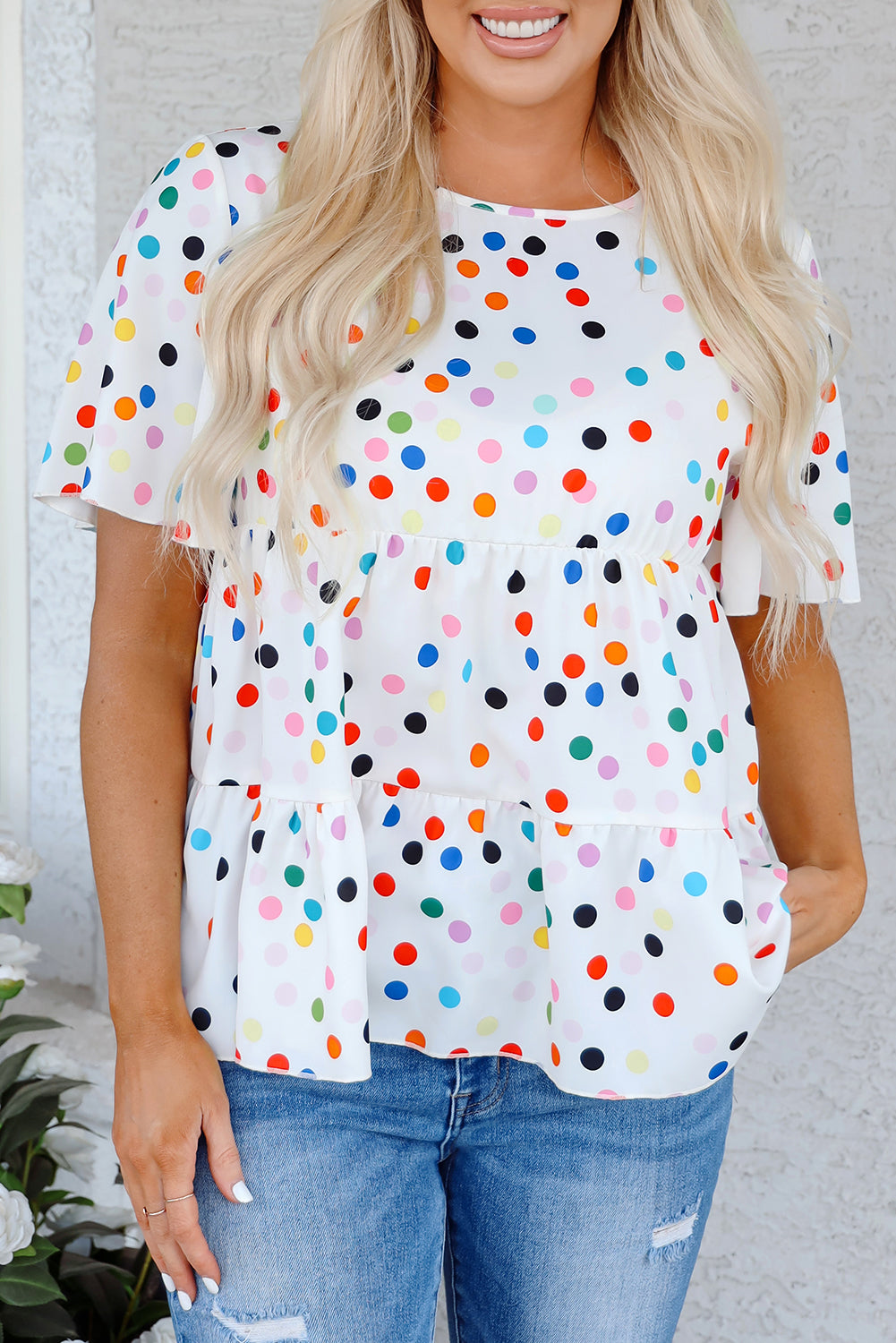 White Colourful Polka Dot Short Sleeve Tiered Ruffled Babydoll Blouse eAura