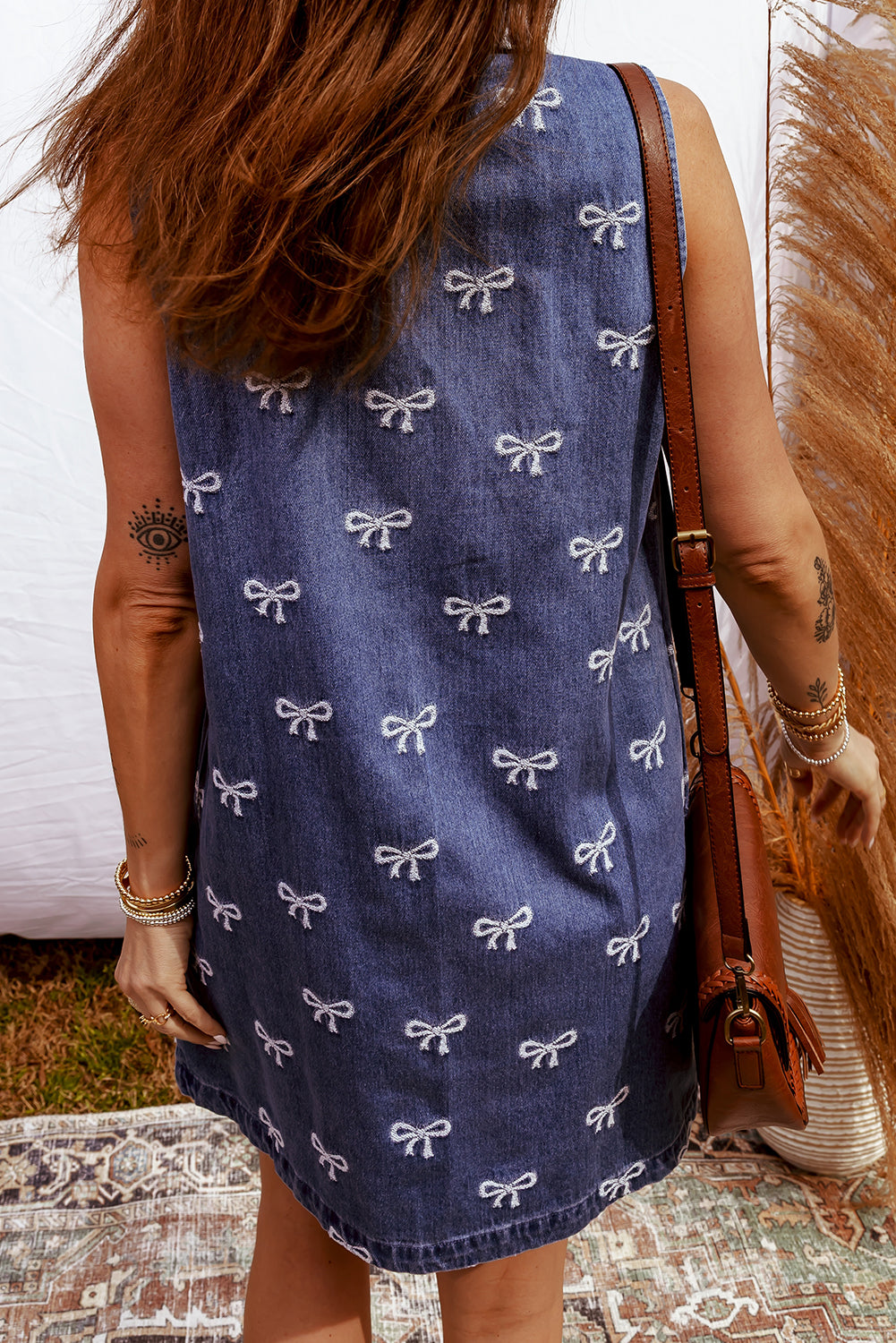 Bow Collared V-Neck Sleeveless Denim Mini Dress with Pockets