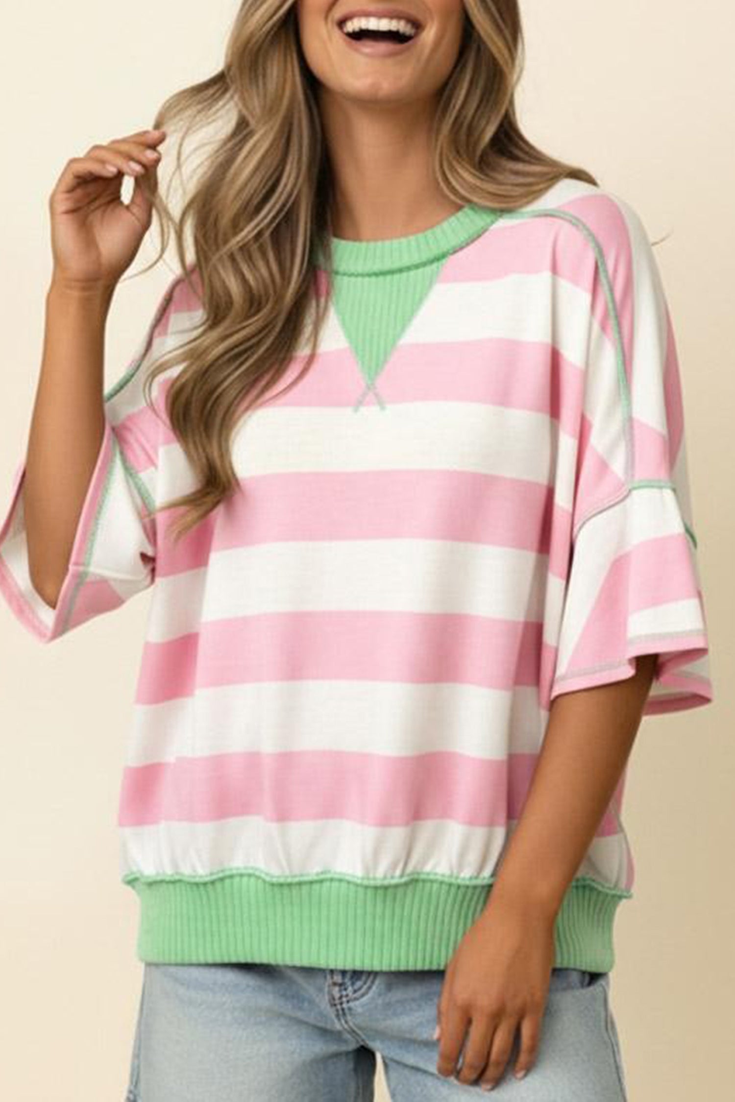 Green Stripe Exposed Seam Ribbed Patchwork Oversized Tee – Pink Stripe
