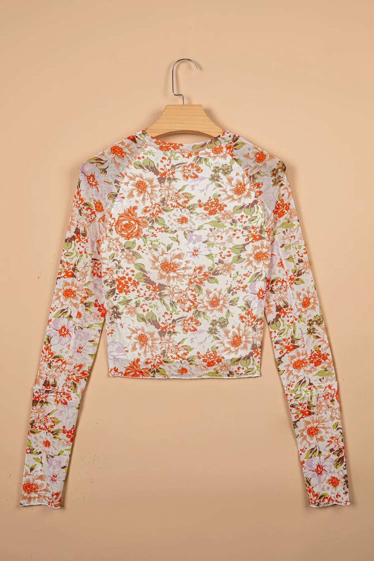 Floral Print Mesh Thumbhole Long Sleeve Slim Top – Multicolour