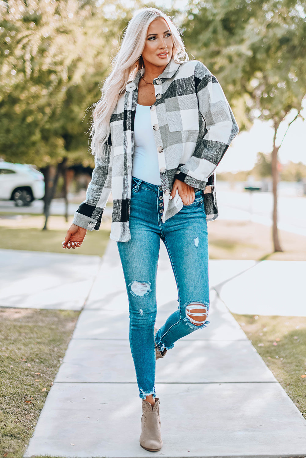 Khaki Plaid Colour Block Buttoned Long Sleeve Jacket with Pocket Beagle Boutique Fashion Outlet