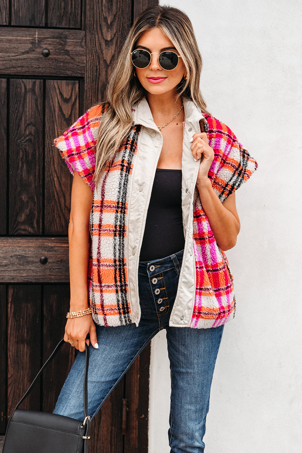 Rose Sherpa Plaid Jacket Gilet Dear-Lover Dropshipping
