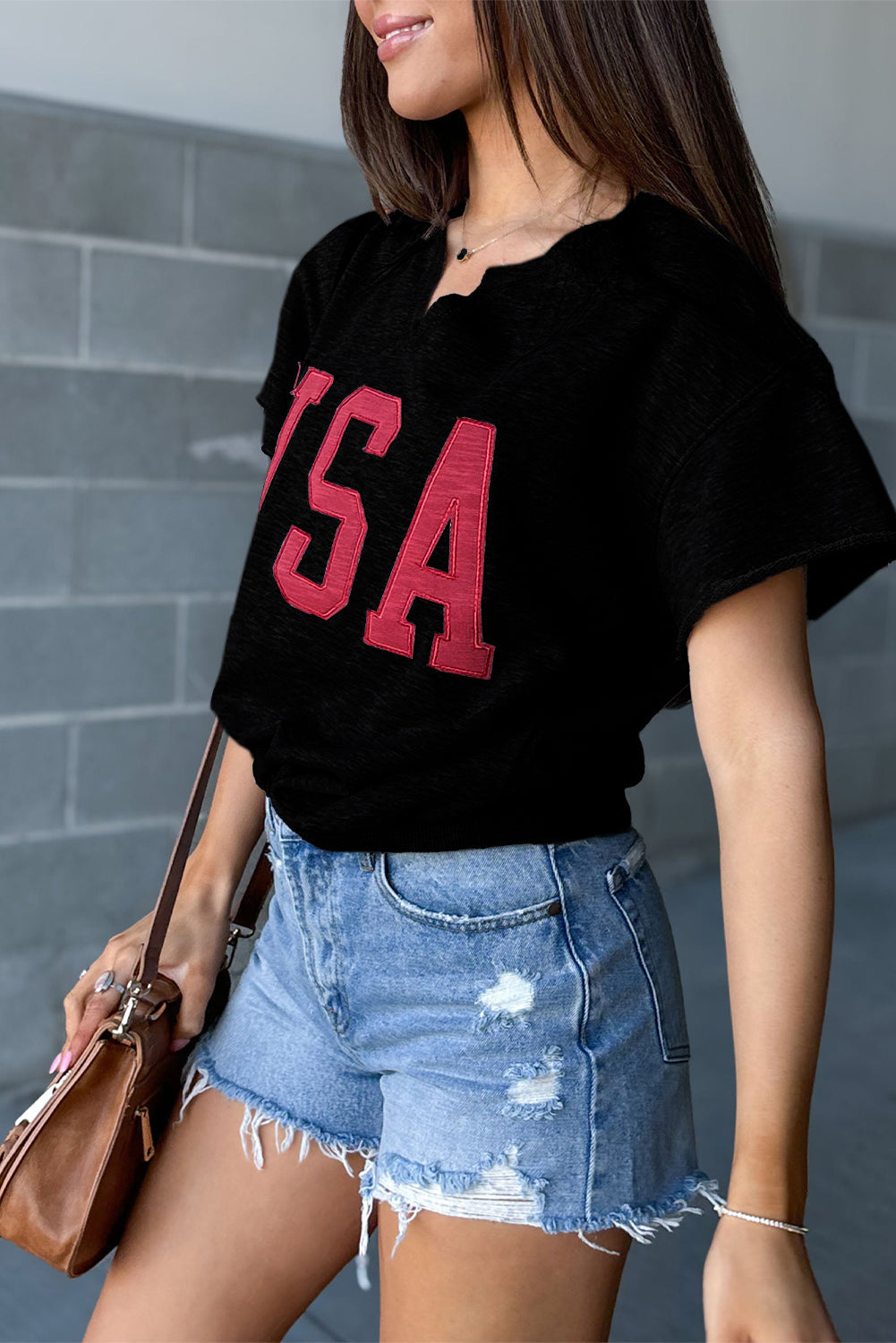 Black USA Lettering Patch Notched Neck Loose Tee - eAura