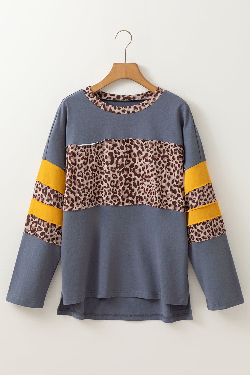 Dark Blue Leopard Colorblock Patchwork Long Sleeve Drop Shoulder Top - eAura