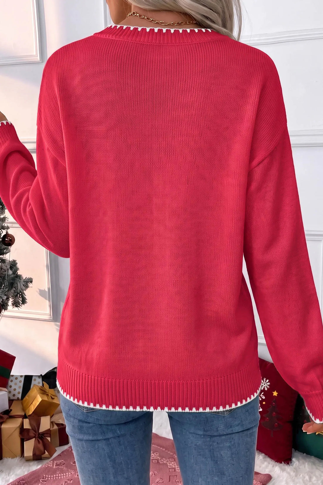 Stitched Detail Christmas Tree Holiday Casual Sweater