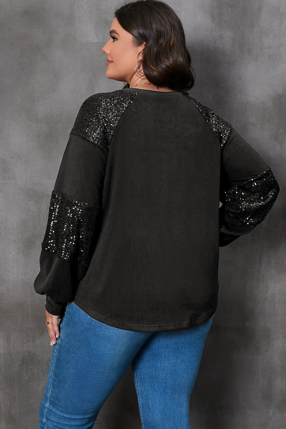 Black Plus Size Sequin Patchwork Crew Neck Long Sleeve Top BB Fashion Outlet