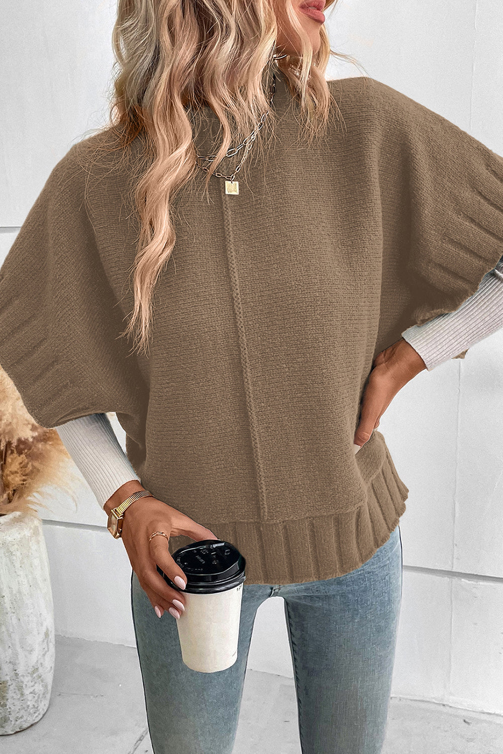 Blackish Green Mock Neck Batwing Short Sleeve Knit Sweater eAura
