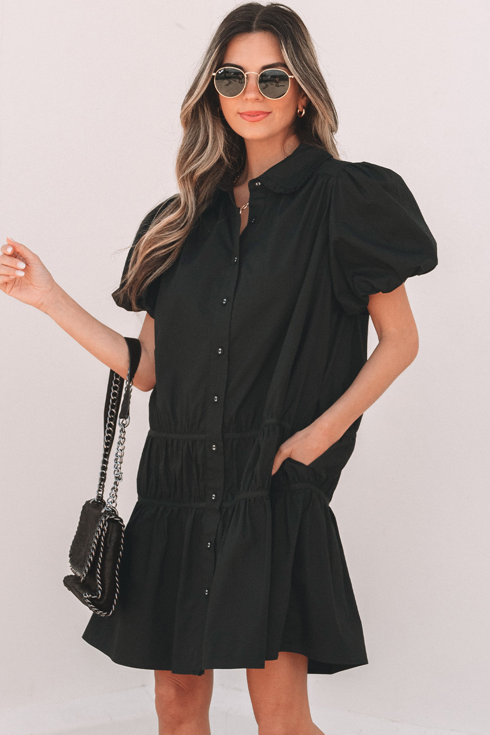 Black Shirt Style Button Down Puff Sleeve Ruffle Hem Dress eAura