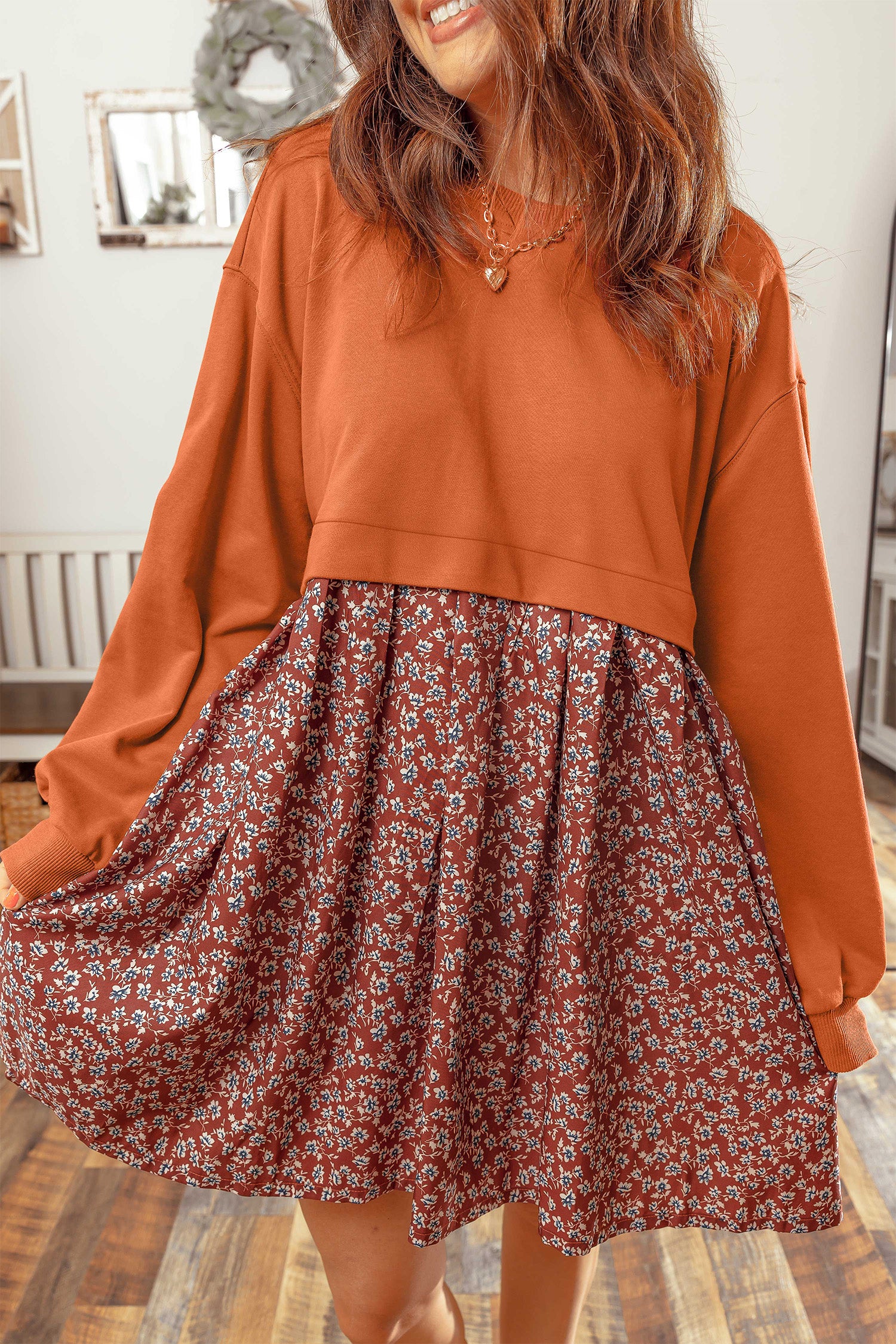 Solid Long Sleeve Top Patchwork Floral Flared 2-in-1 Mini Dress – Orange