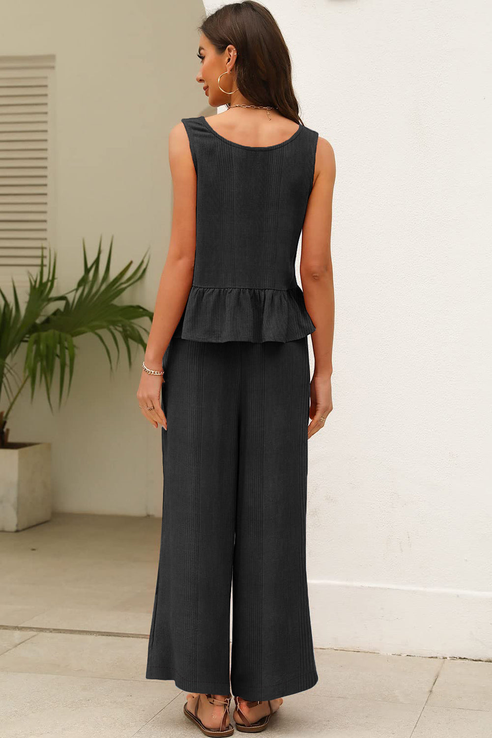 Duffel Green Solid Colour Ribbed Ruffle Tank Top and Trousers Set eAura