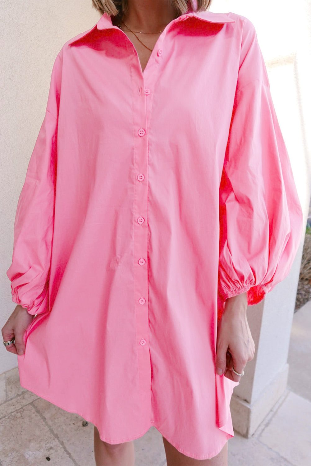 Bright Pink Balloon Sleeve Button Up Mini Shirt Dress eAura