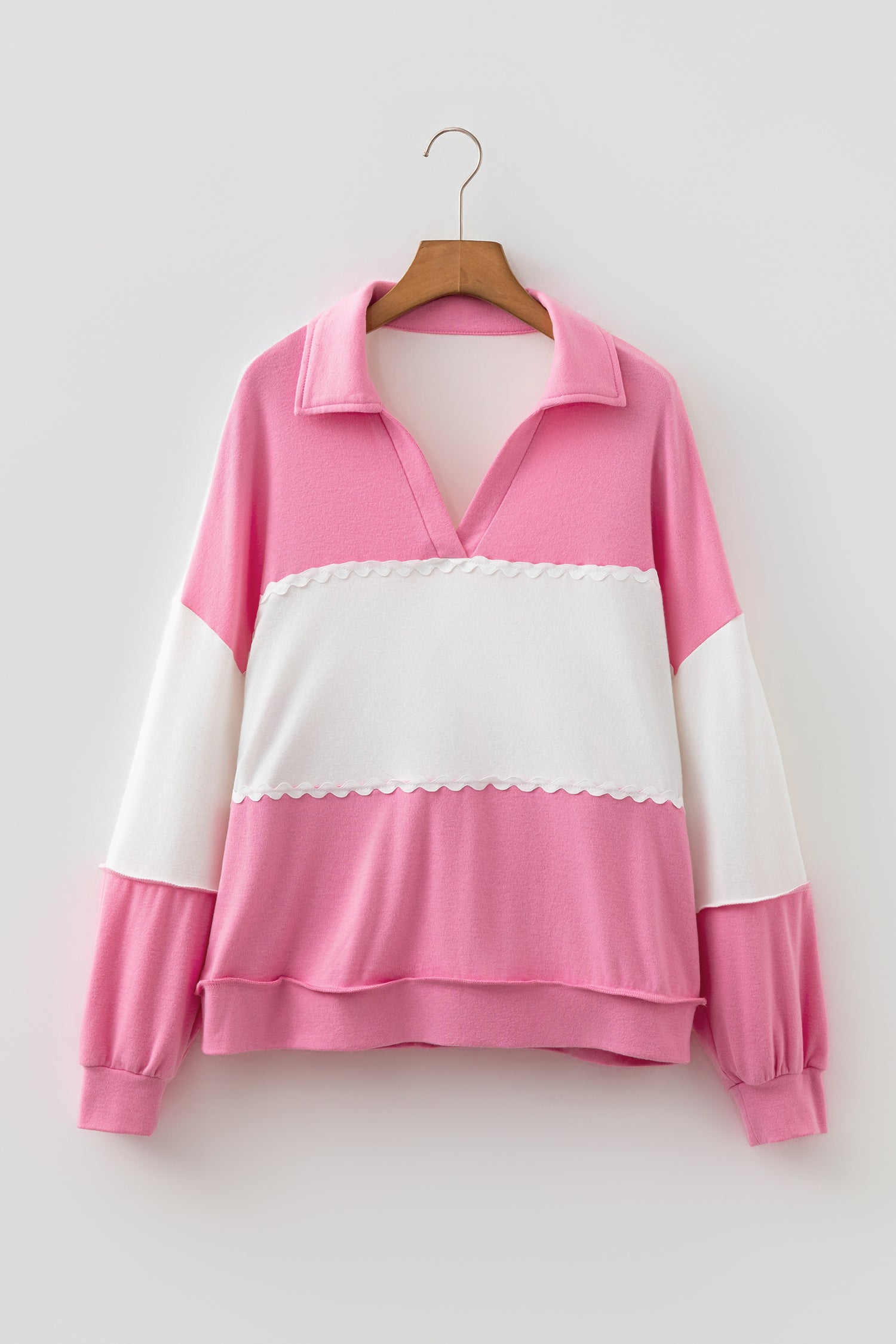 Color Block Ricrac Trim Patchwork Collar V Neck Long Sleeve Top – Rose Red
