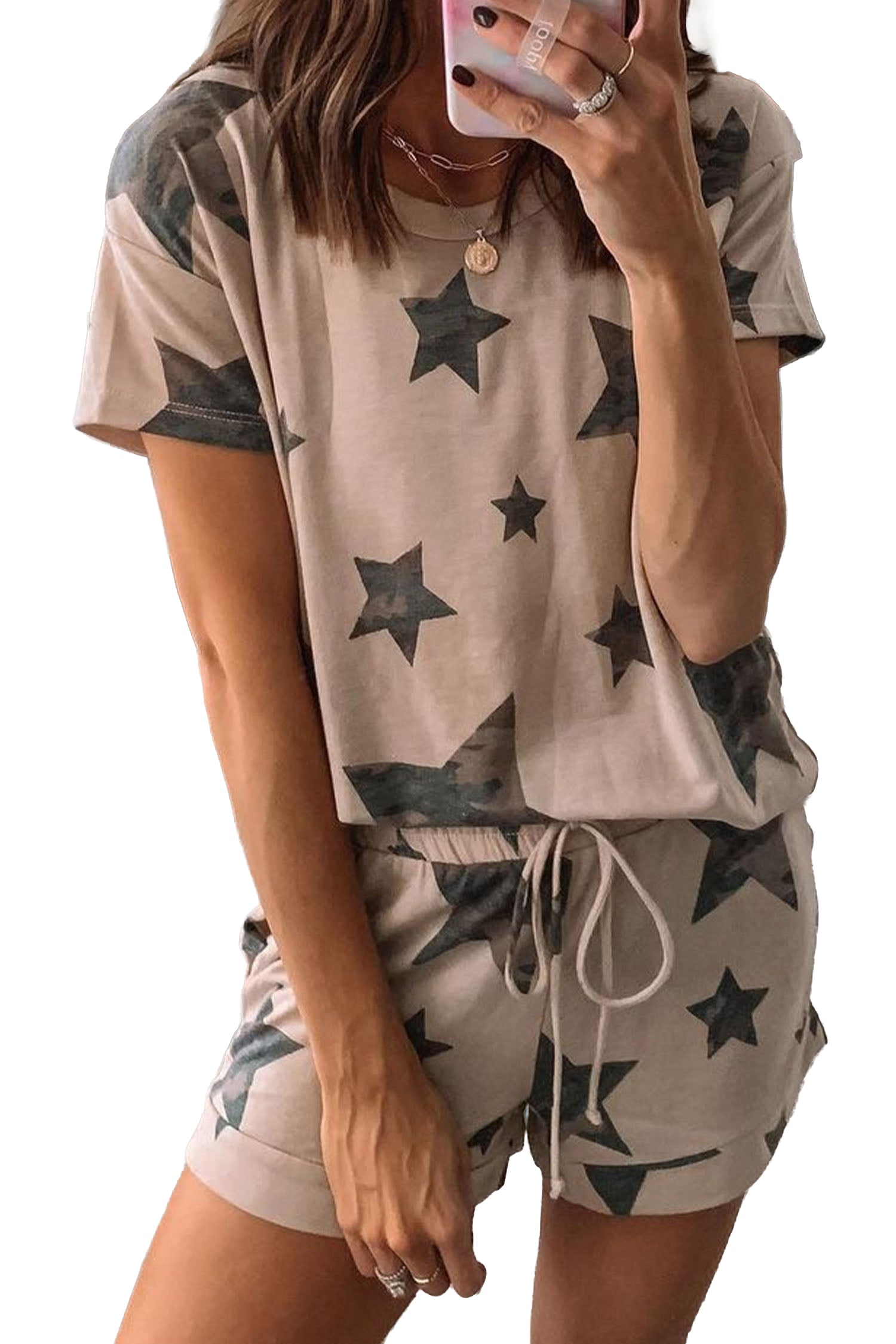 Camo Star Print Short Lounge Set – Khaki
