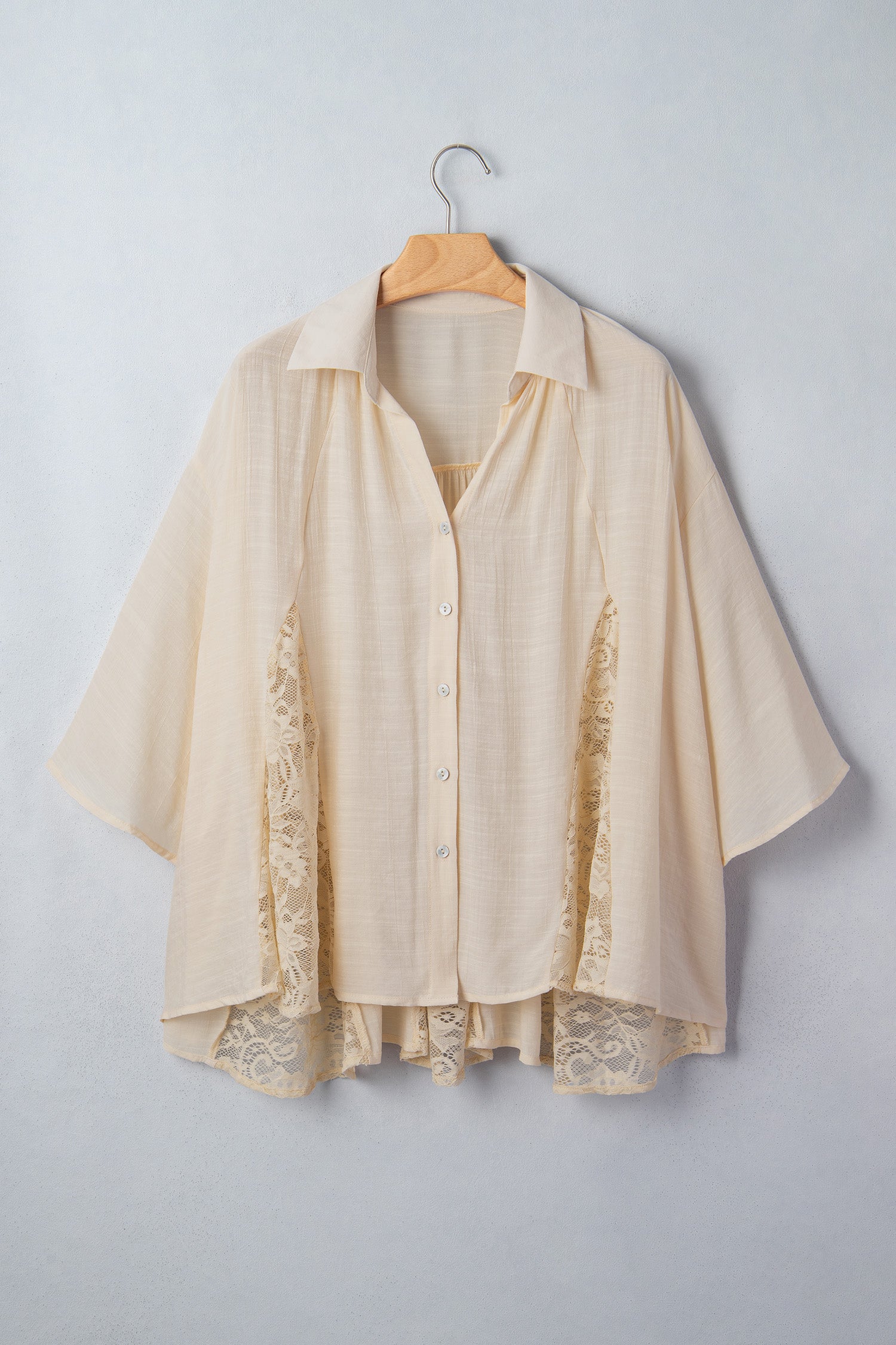 Oatmeal Sheer Lace Splicing Detail Bracelet Sleeve Loose Flowy Shirt – Beige