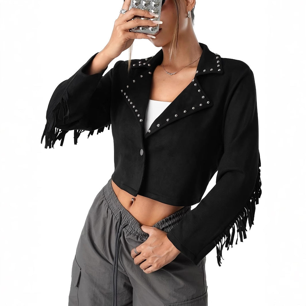 Western Denim Style Suede Fringe Imitation Rivet Women's Short Jacket Dropshipman