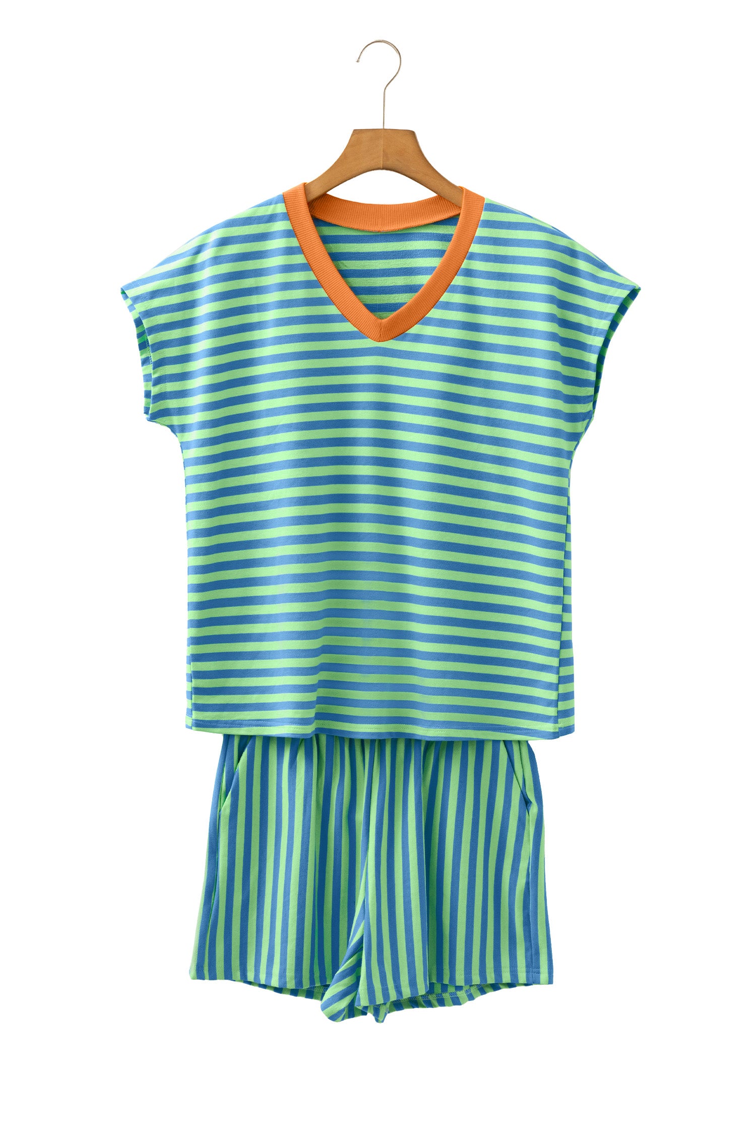 Colorblock Trim V Neck Tee Drawstring Elastic Waist Short Set – Yellow Stripe