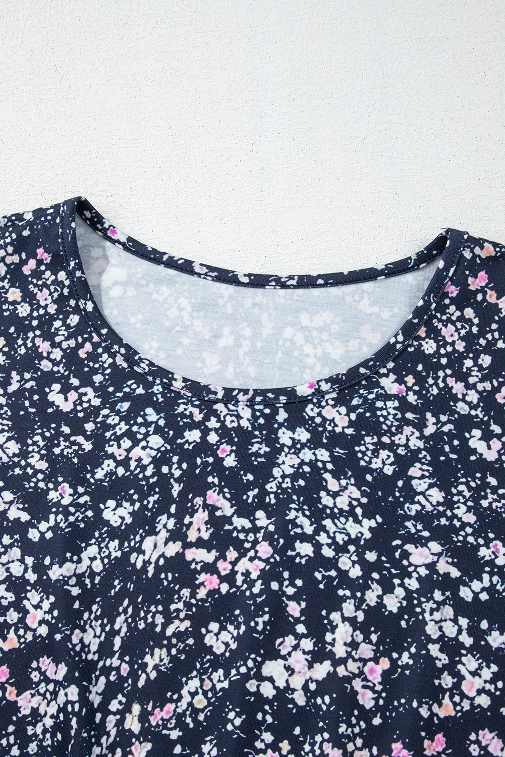Blue Floral Colour Block Patchwork Ruffled Hem Round Neck Blouse eAura
