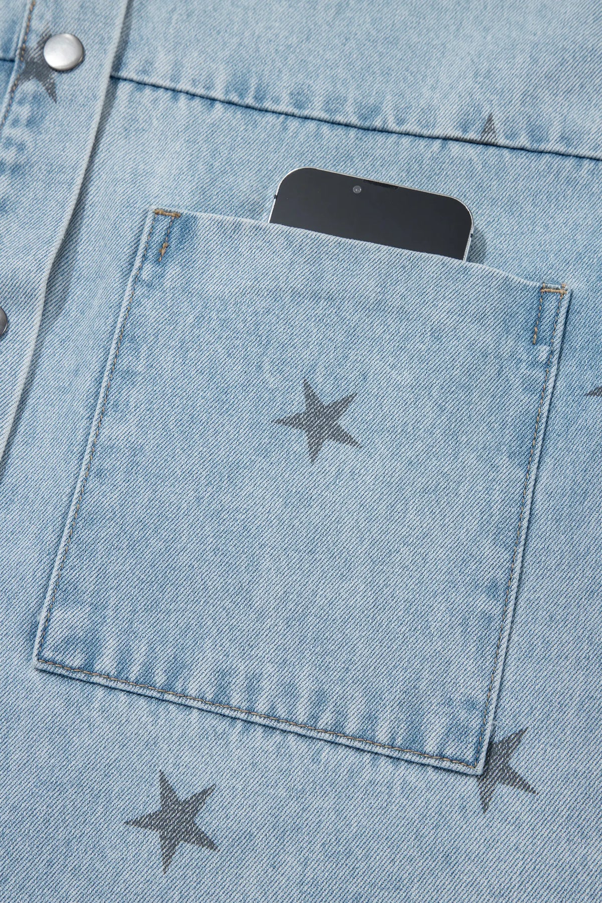 Sky Blue Stars Pattern Long Sleeve Shirt Collar Denim Jacket – Light Blue