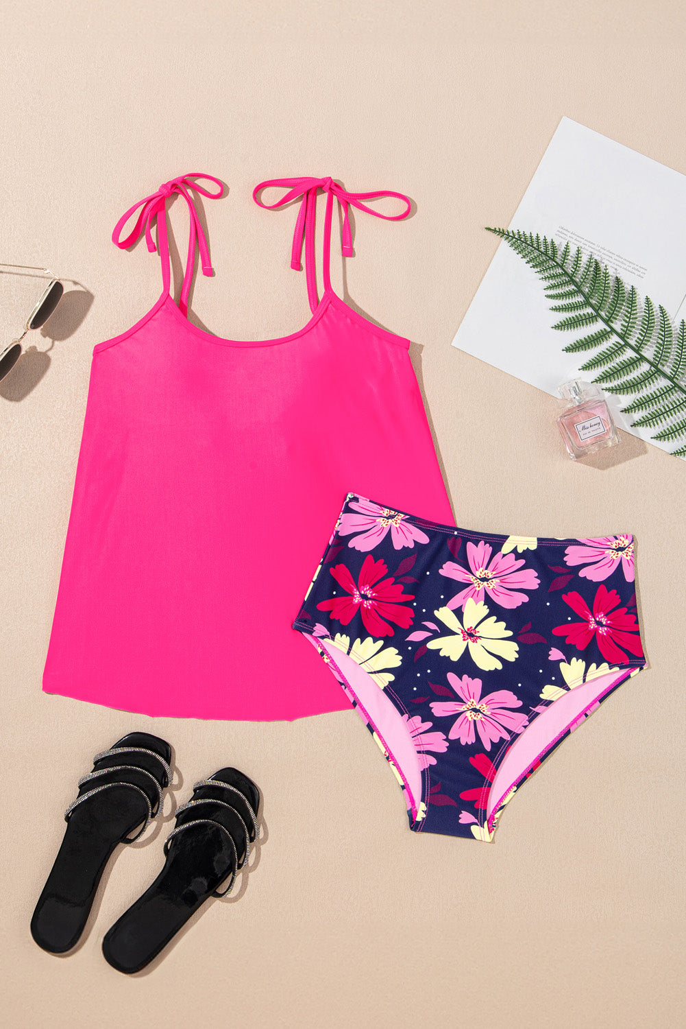 Rose Red Tie Shoulder Floral Print Cute Tankini Set eAura