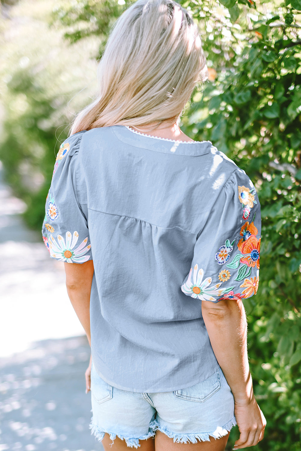 Floral Embroidered Puff Sleeve Split Neck Blouse eAura