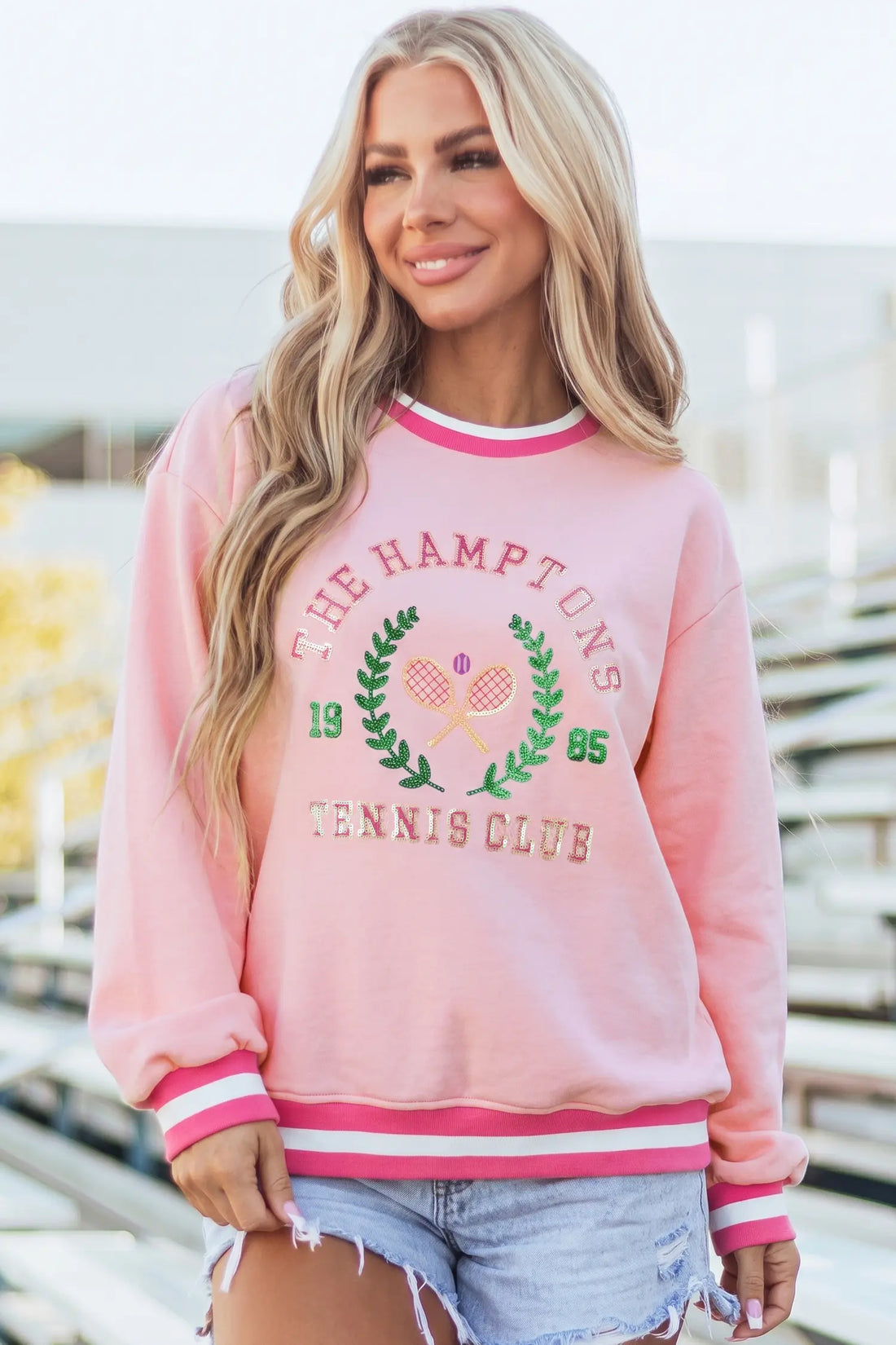 Embroidered Tennis Club Crew Neck Pullover Sweatshirt – Pink