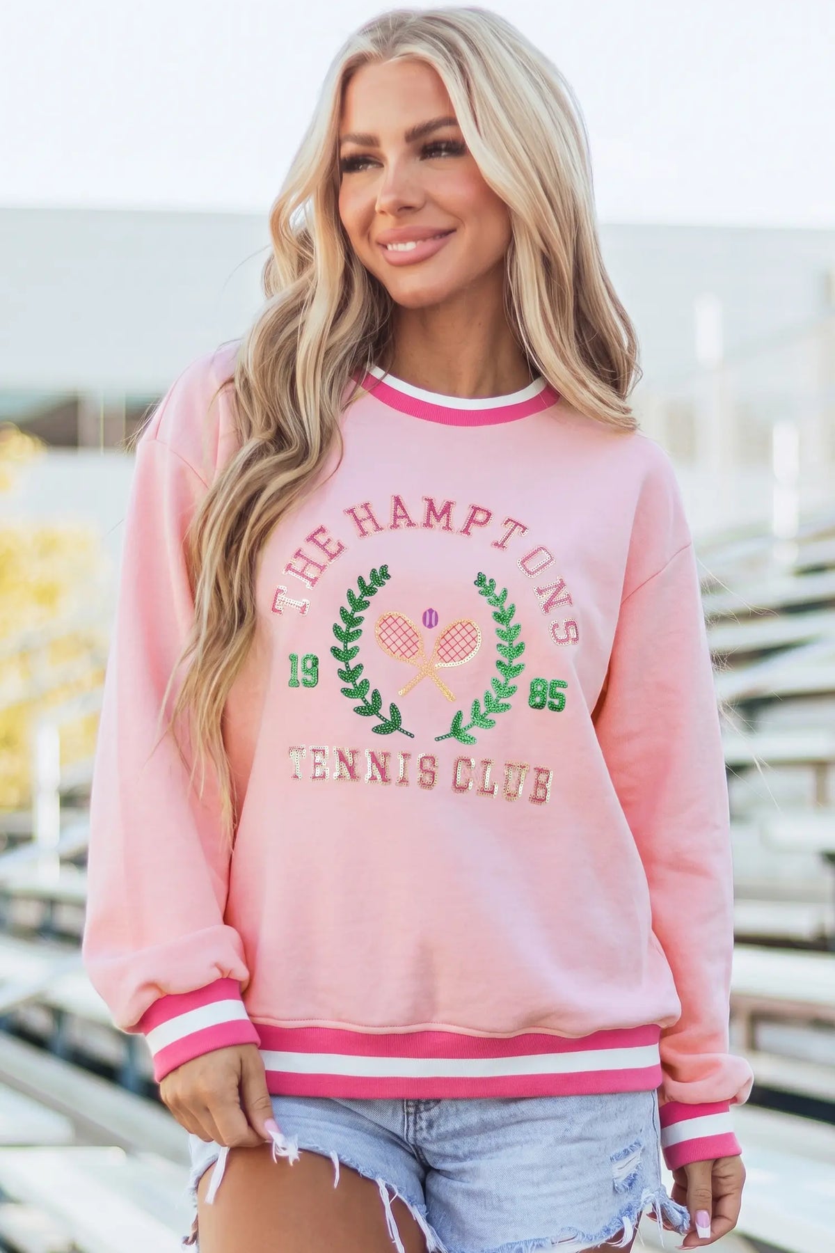 Embroidered Tennis Club Crew Neck Pullover Sweatshirt – Pink