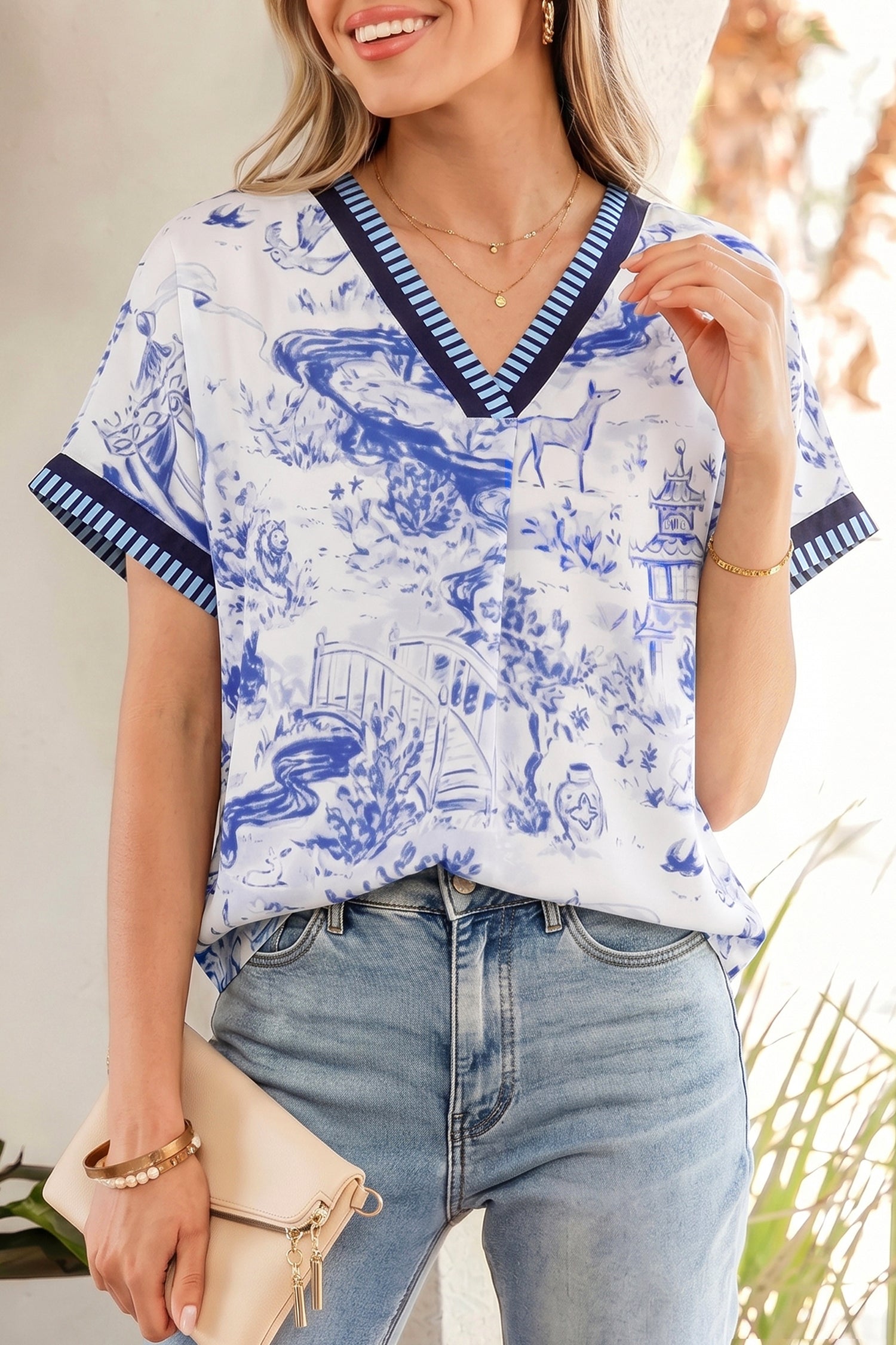 Wild Animal Paradise Striped Trim V Neck Short Sleeve Blouse – Blue