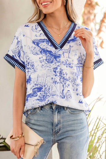 Wild Animal Paradise Striped Trim V Neck Short Sleeve Blouse – Blue