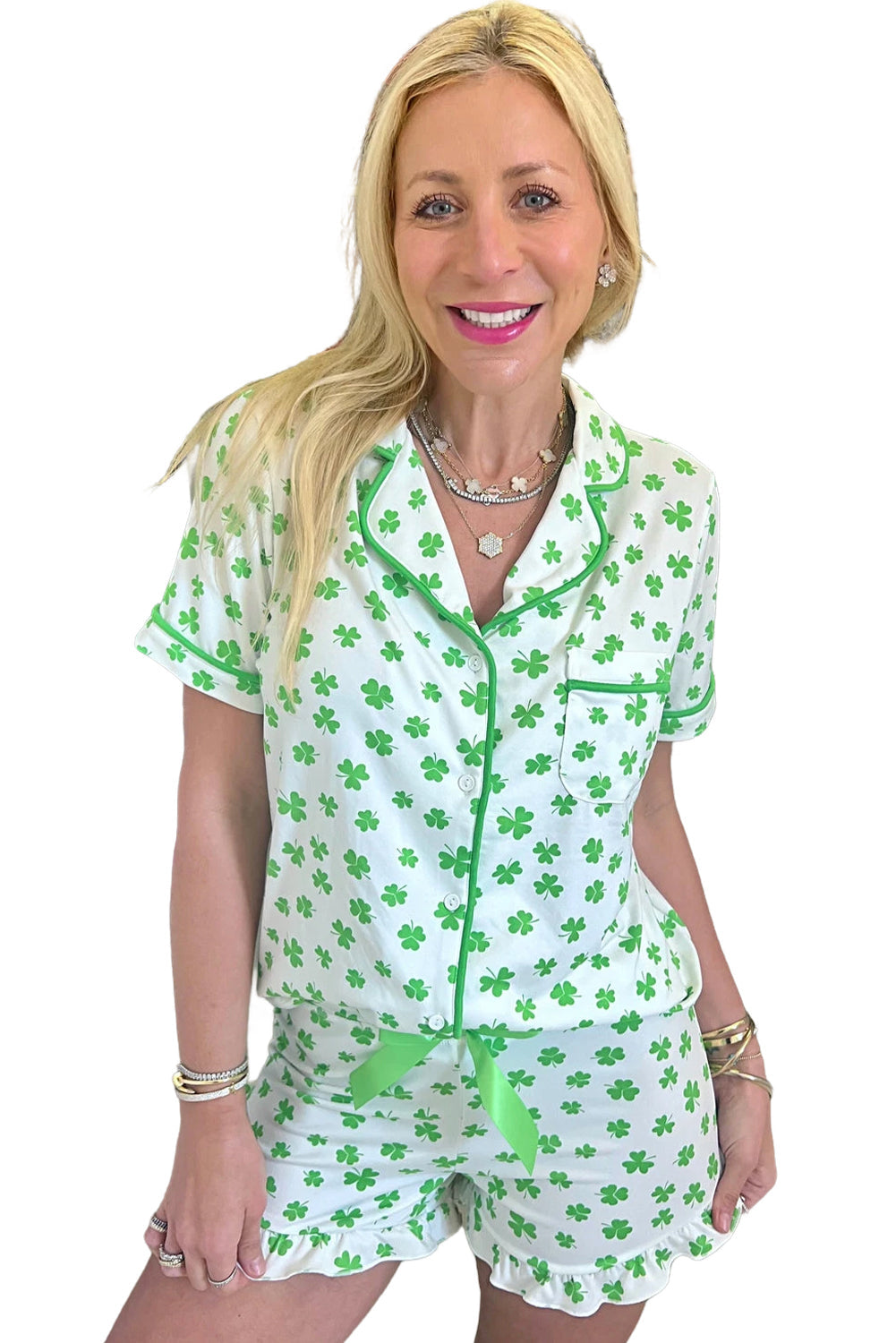 Green Clover Printed Short Sleeve and Ruffled Shorts Pyjama Set eAura